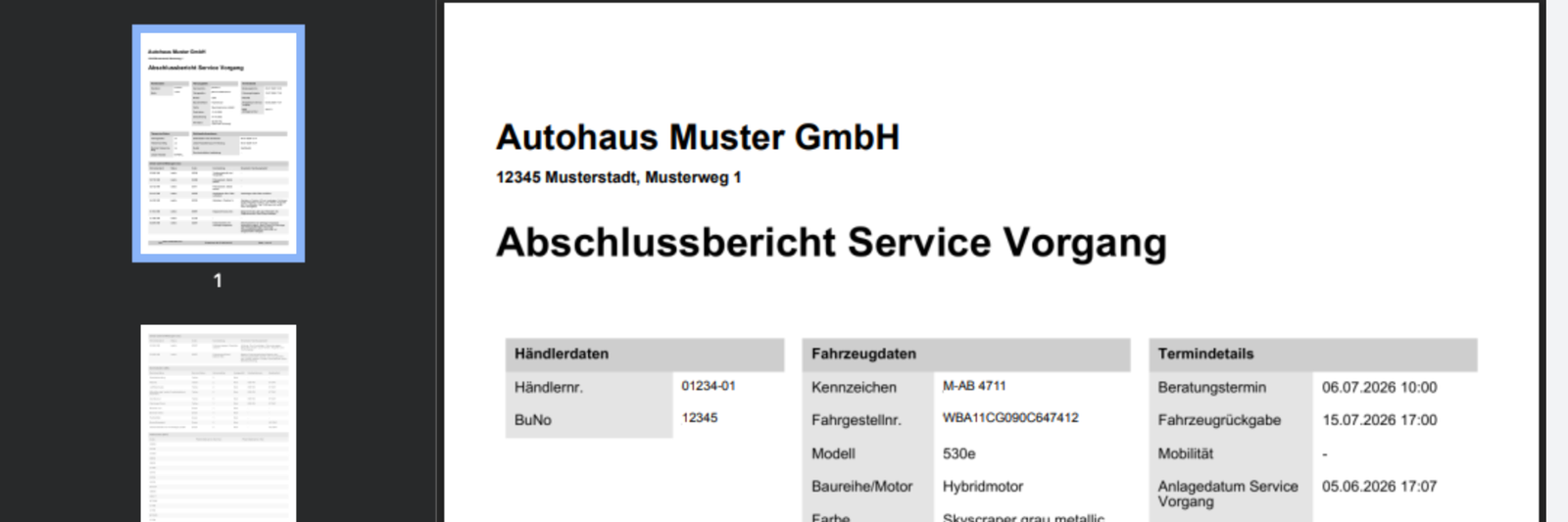 Ausschnitt der Dokumentansicht mit einem geöffneten fiktiven Abschlussbericht